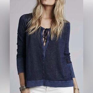 We The Free Navy Blue Linen Blend Long Sleeve Top, Small